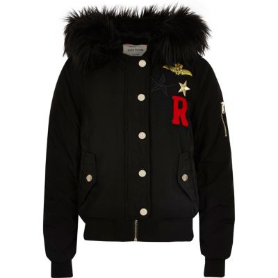 Girls black badge hooded bomber jacket